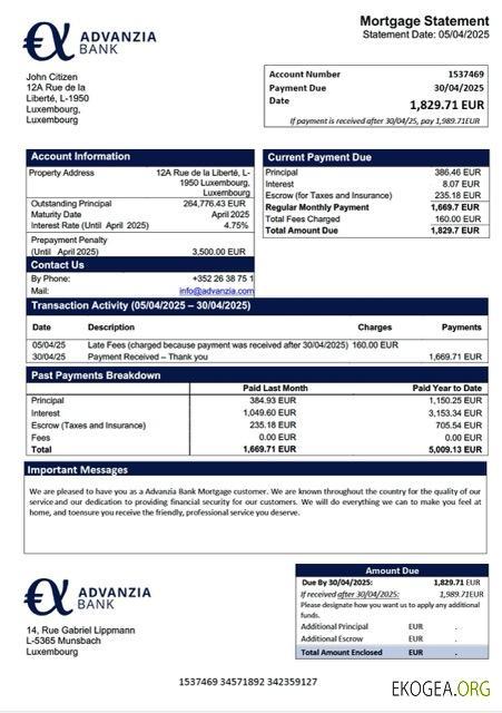 Modèle Word et PDF de relevé hypothécaire de la Banque Advanzia Luxembourg de Luxembourg